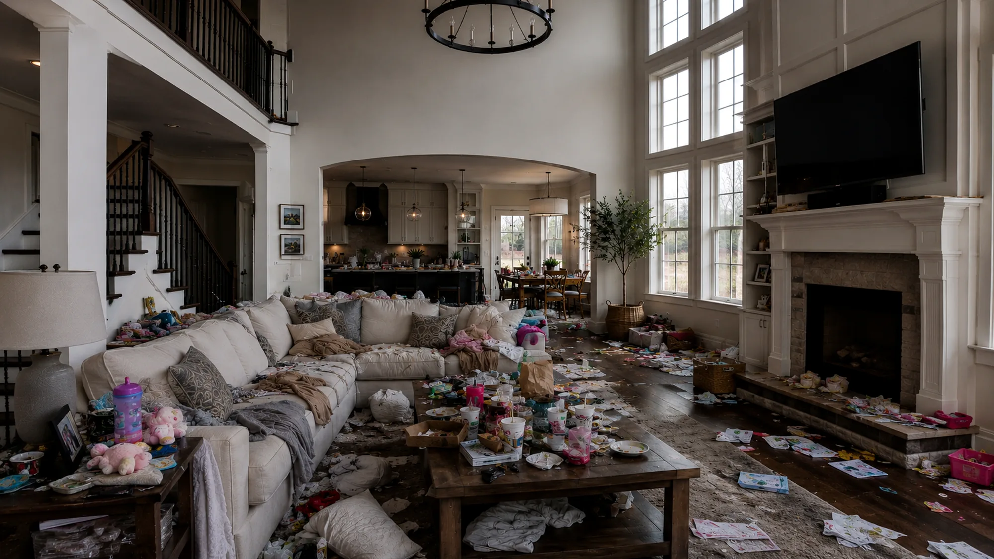 A grand great room cluttered with toys and trash before cleaning